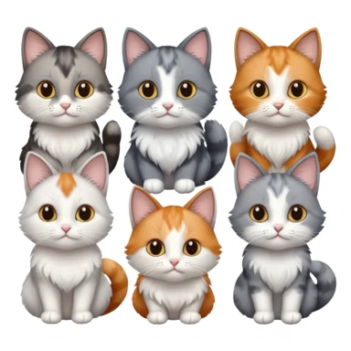 6 realistic looking cats with different natural coloured coats, assorted grey and white, greys, calico, brown and white colours etc
 sticker