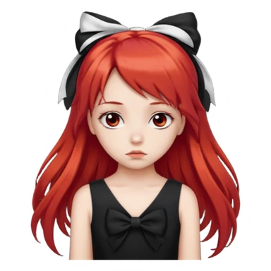 red long twin tail hair girl with black bow on her hair wearing black dress with a sad face sticker