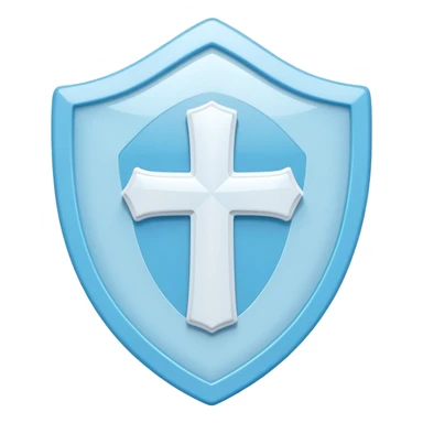 A cute 3D render icon of a protective shield. Rounded edges, plump, glossy plastic material. Sky blue and white color palette. A subtle, soft white cross or heart symbol embossed in the center. Clean studio lighting, soft shadows. Isolated on a light pastel background. Minimalist design. sticker