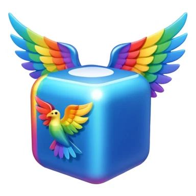 Blue cube with wings and has a rainbow ? sticker