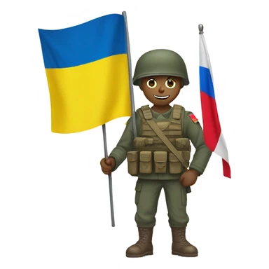 a soldier who holds the Russian flag in one hand and the Ukrainian flag in the other hand sticker