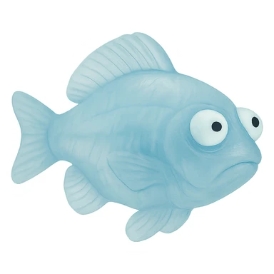 Make the fish's body even more transparent so you can clearly see through it. The fish should be facing directly to the side (90 degrees from the camera), no tag, semi-transparent blue plastic, eyes derpy and going in opposite directions. No background. Hyper-detailed, soft plastic 90's toy look, soft reflections, soft and squishy, some cloudiness, not shiny, highly detailed, appealing. Render in a style that looks like a soft, semi-transparent blue plastic toy from the 90's with soft reflections and a squishy, cloudy texture, not shiny. sticker