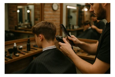 Sartaroshxonada soch olayotgan o'mirin yoshli bola yuzi ko'rinmasin sticker