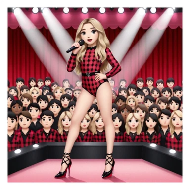 Sabrina carpenter singing at concert wearing a black and red plaid bodysuit a red sheer top over it , a strip of black lace around her leg, black sparkle heels. there is a  huge crowd and light pink stage setting  sticker