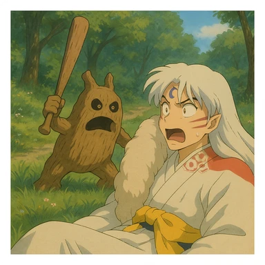Wooden creature holding a baseball bat and scaring sesshomaru While he is sleeping We are shocked sticker