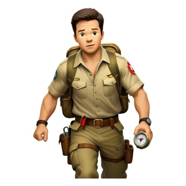 A vintage movie poster-style collage. Include action-packed elements like a treasure map, jungle scenes, a rugged explorer with a compass, and a speeding jeep. Add a shadowy figure resembling Mark Wahlberg in adventurous gear. Dramatic lighting, dynamic composition. Transparent background. sticker