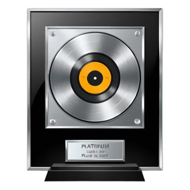 A platinum music award plaque: a square, polished platinum plate with a subtly textured, mirror-like finish, mounted on a simple dark metal base. The center features a relief of a or stylized vinyl record in a slightly darker metallic tone.  sticker
