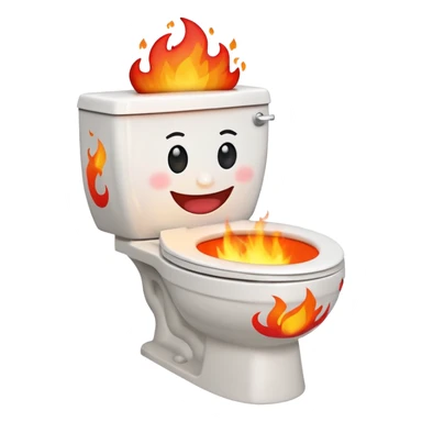 A smiling, happy white-colored toilet with fire coming from its bowl sticker