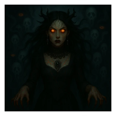 Add ornate gothic jewelry including a black lace choker, silver pendant, and dark gemstone earrings while keeping the horror and supernatural features intact. sticker