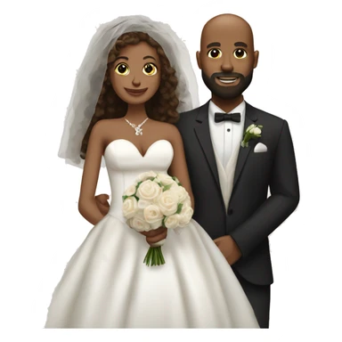 Black bald man with a beard and his wife with long, brown, curly hair on their wedding day sticker