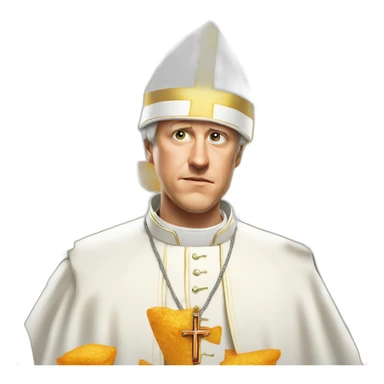 Geoff keighley wearing a pope hat that is also a Dorito fighting angry Joe sticker
