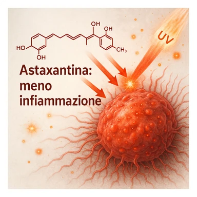 hyper realistic red astaxanthin molecule reducing inflammation, oxidative stress and UV damage, protecting inflamed cells, scientific atmosphere, light background, Italian text 'Astaxantina: meno infiammazione' sticker