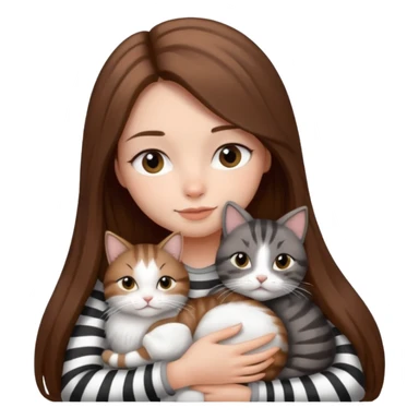 pretty girl with long brown hair snuggling 3 cats: grey and white, brown striped and black and white sticker