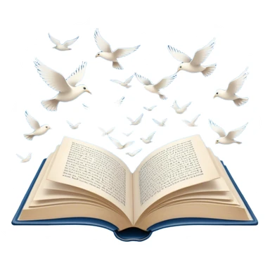 Icon for Poetry Reading: an open book with pages flying out, transforming into a large flock of small white birds soaring into the blue sky. The icon should evoke the freedom and beauty of poetic expression. Transparent background. sticker