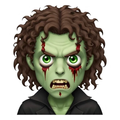 long curly haired male zombie with brown hair color and green eye color, with dark vampire clothes and angry face emotion sticker