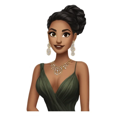 Glamorous, cocktail dress, black balayage hair, long wavy hair, olive skin, brown almond eyes, winged eyeliner with big lashes, wearing hooped earrings, rings and bracelets  sticker