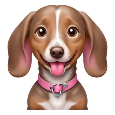 a brown grey and white dapple mini dachshund with her tongue out and a pink collar sticker