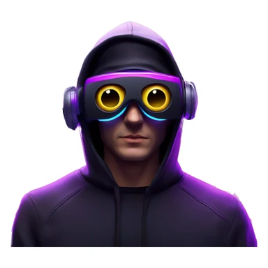 Russian man wearing a black hoodie with "OMG" letters on it and VR headset in a cyberpunk VR environment with violet neon lighting. sticker