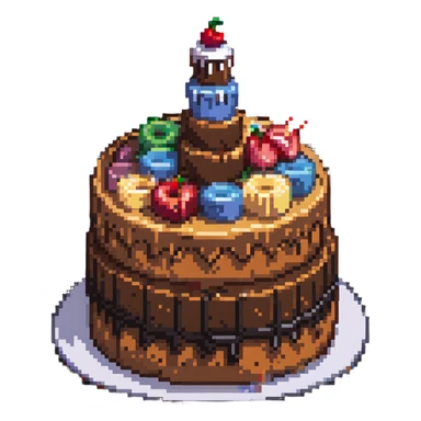 pixel art of a cake with multiple bites taken out of it sticker