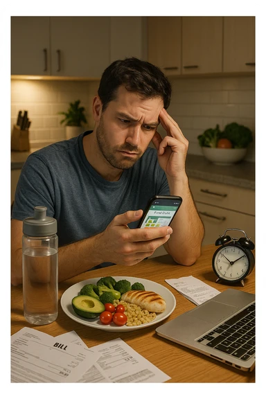  a man sits at his kitchen table, reviewing a food diary or nutrition app on his phone, with a perplexed look. Around him are healthy meal ingredients and a water bottle, but also subtle hints of stress (bills, work laptop) and lack of sleep (alarm clock showing late hour). The mood is thoughtful, highlighting the hidden factors behind weight. sticker