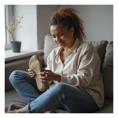 realistic 4K woman sitting on sofa wearing orthotic insole and relaxing, then holding foot with discomforted expression sticker