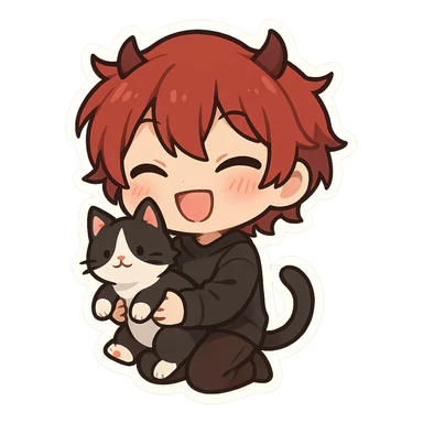 A chibi version of a character with red hair, horns, and a black and white cat, in a cute and expressive style. sticker