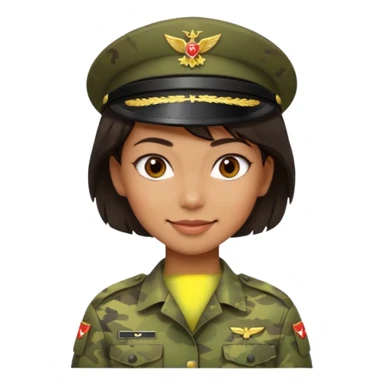 Female soldier emoji in Apple style, no cap/helmet, bust portrait, gentle smile, generic camo, hair visible, soft gradients sticker