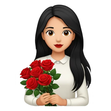 A girl with long black hair holding a bouquet of roses sticker