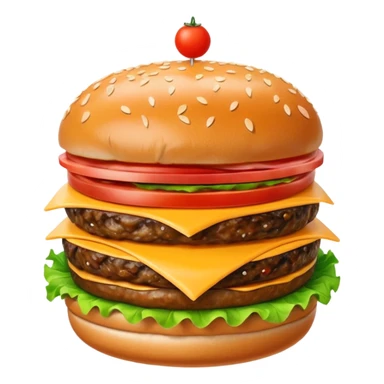 A classic single patty hamburger emoji, 3D Apple style, glossy and colorful. Soft rounded bun with sesame seeds, one beef patty, fresh lettuce, tomato slice, melted cheese, realistic but cartoonish look, clean white background sticker