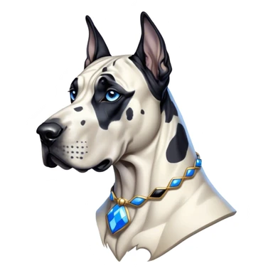 Cinematic Noble Harlequin Great Dane Portrait Emoji, Poised and regal, with a towering, muscular build and a striking coat of predominantly white with bold black patches, deep-set soulful blue eyes, Simplified yet sharp and sophisticated features, highly detailed, glowing with a soft, dignified glow, high shine, intelligent and loyal, stylized with an air of majesty, focused and attentive, soft glowing outline, capturing the essence of a watchful and confident guardian, so majestic it feels as though it could stride out of the screen with effortless authority! sticker