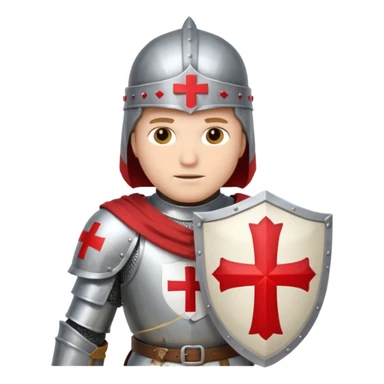 knight templar in medieval armor, white mantle with red cross, helmet, shield sticker