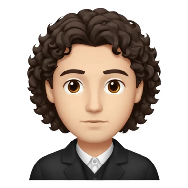 He’s a man with light to medium skin, a defined oval face, full brows, deep-set eyes, and wavy to curly dark brown hair styled with height, sides are trimmed. expression calm and focused relaxed black open-collar .polished, articulate, and trainer vibe. sticker