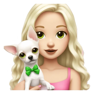 pale blond yt girl with wavy long platinum white hair with bright green eyes holding a white chihuahua puppy that wearing a pink bow sticker
