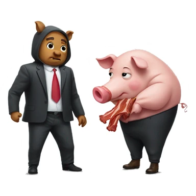 A big bad pig in a suit with a man in a hoodie holding bacon sticker