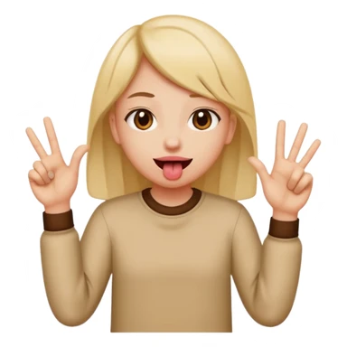 Tongue out with hands to the sides and one hand written 6 other hand with number 7 sticker