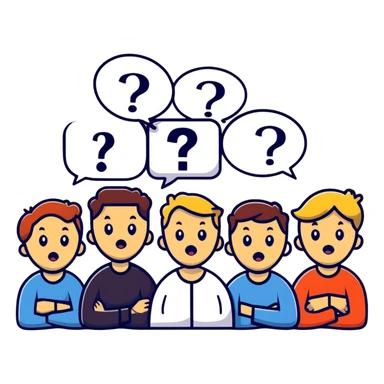 Team of people with bewildered expressions and question marks around them sticker