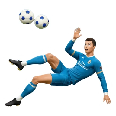 Ronaldo doing a bicycle kick with football in mid air While wearing a Retro blue Real madrid kit and yes i want it to be exactly the same as he Scored it in 2018 vs Juventus  sticker