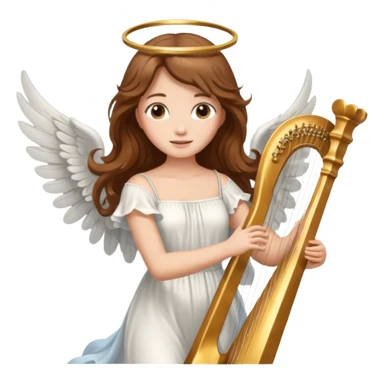 Female angel holding harp with flowing brown hair sticker