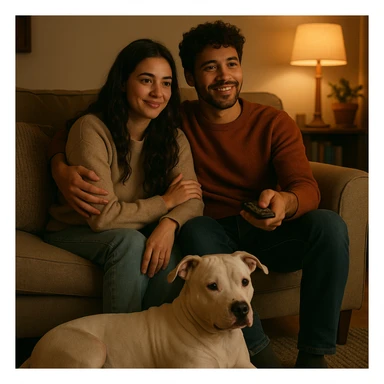boyfriend and girlfriend cuddling while watching TV, white pitbull at their feet, soft lighting, homey vibe sticker