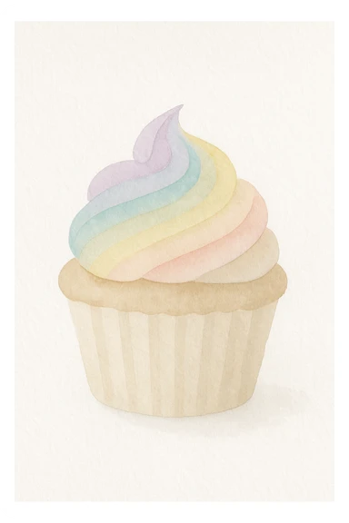 rainbow cupcake, watercolor style, soft edges, artistic sticker