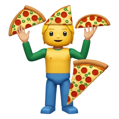 A roblox avatar yellow head arms blue troso green legs and a whole pizza on his head sticker