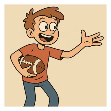 An energetic flat toon style image of a teenage boy gesturing to a friend with a football in hand. sticker