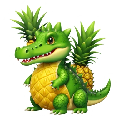 A cute crocodile with a pineapple body, the crocodile head is green with teeth and the body is a yellow pineapple with spiky texture sticker