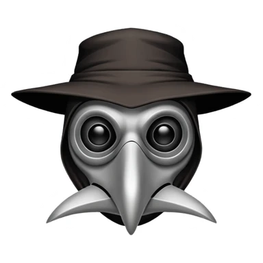 Morbid medieval plague doctor mask with a wide, sinister smile, visible in the empty eye sockets a tiny glow. Clean, stylized lines, flat vector illustration suitable for a small emote. Stylized as a medieval woodcut or metal engraving. Black and white with one accent color  sticker