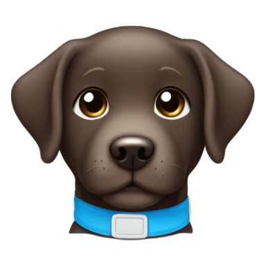 Warm Chocolate labrador puppy with small white fur on chest and cute blue collar sticker