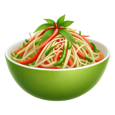 Cinematic Realistic Som Tam (Papaya Salad) Dish Emoji, featuring a spicy, tangy salad of shredded green papaya with chili and lime rendered with crisp textures and bright, lively lighting. sticker