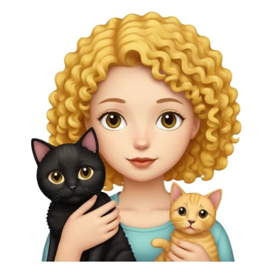 The girl is holding a black cat, a yellow shorthair cat, and a curly-haired dog sticker