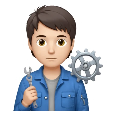 Calm and independent male technician, fair skin, short tousled dark brown hair, cool gray eyes, serious but composed expression, wearing a blue work jacket over a grey t-shirt, holding a wrench in one hand and a mechanical gear in the other, waist-up, front-facing sticker