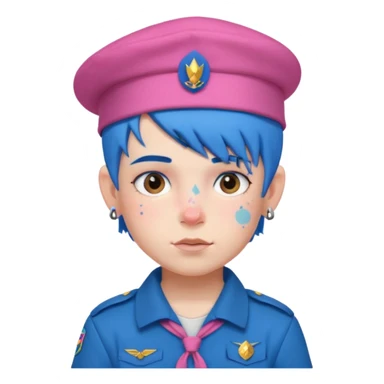 scout boy with very pink scout uniform, blue haired and hat, tattoed sticker