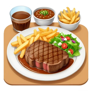 big juicy australian steak meal featuring chips, small salad in a ramiken and gravy  sticker